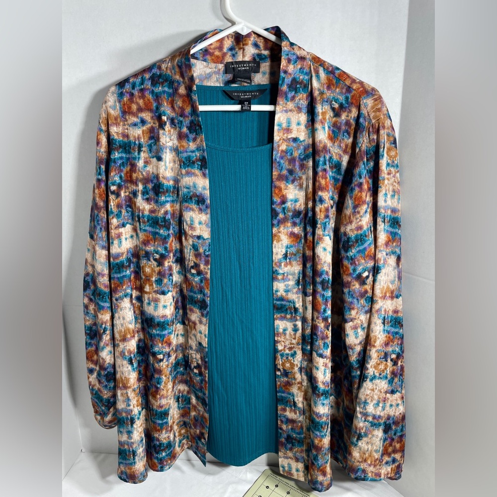 Investments Women 2XL Top 2 Piece Teal Tank Multi Overshirt Roll Tab Sleeves
